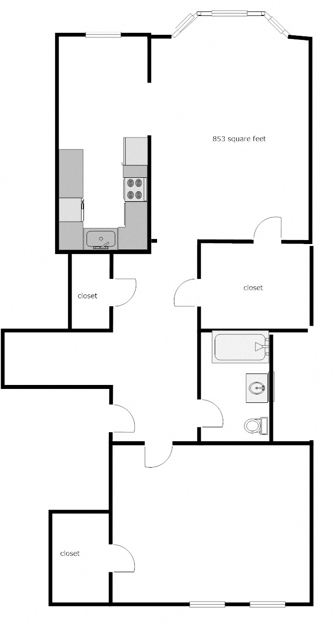 Floor plan for 1 bed, 1 bath, 700 sqft